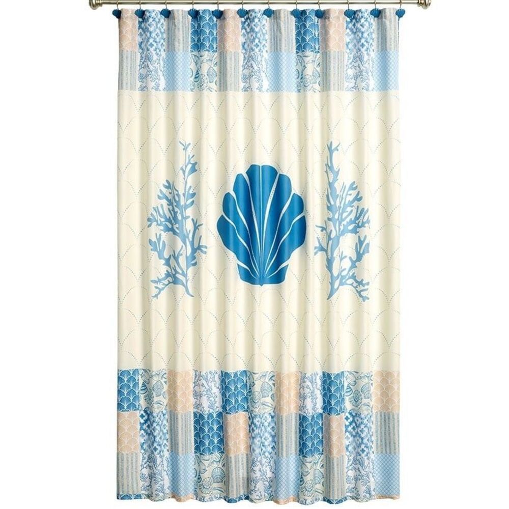 Coral Patch Shower Curtain Blue Scallop Shells Cream Patchwork Border NEW